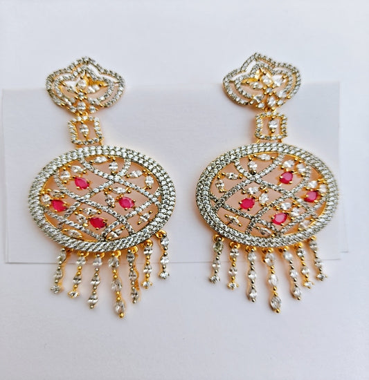 Regal Ruby Tassel – Circular Crown Earrings with Pink Gem Accents