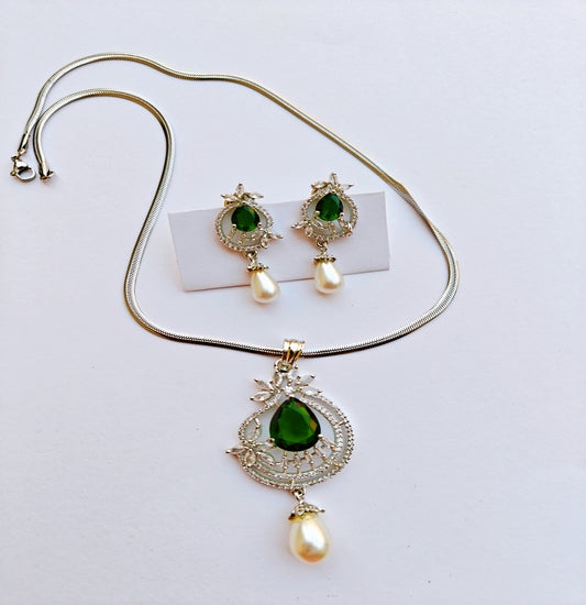 Silver-toned Green Stone & Pearl Drop American Diamond Pendant Earrings Set