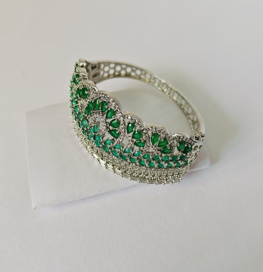 Luxurious American Diamond Bracelet with Silver and Emerald Green Stones