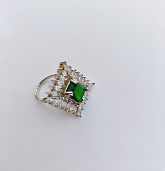 Silver-toned American Diamond Ring with a Square cut Green Stone in the center