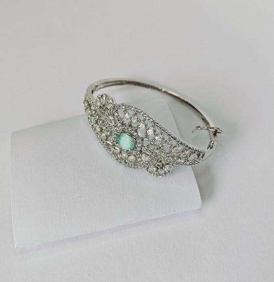 Silver American Diamond Bracelet with Stunning Green Gemstone | Elegant Party Wear