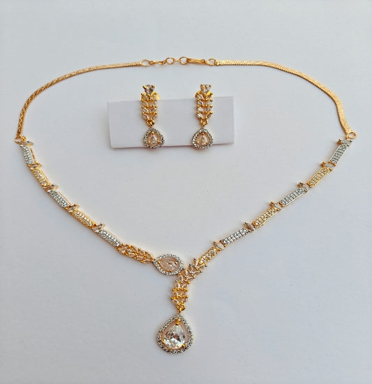 Stud Style Gold & Silver-toned American Diamond Necklace & Earrings Set
