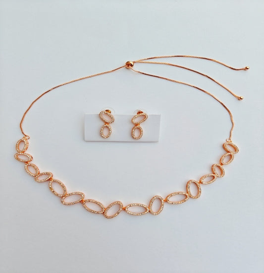 Rose Gold toned Oval American Diamond Necklace & Earrings Set
