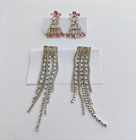 Pink Floral Studs + Silver Fringe Danglers