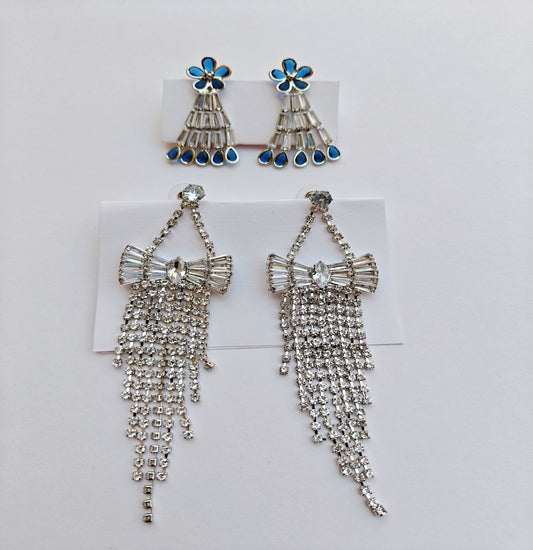 Blue Floral Studs + Rhinestone Bow Danglers