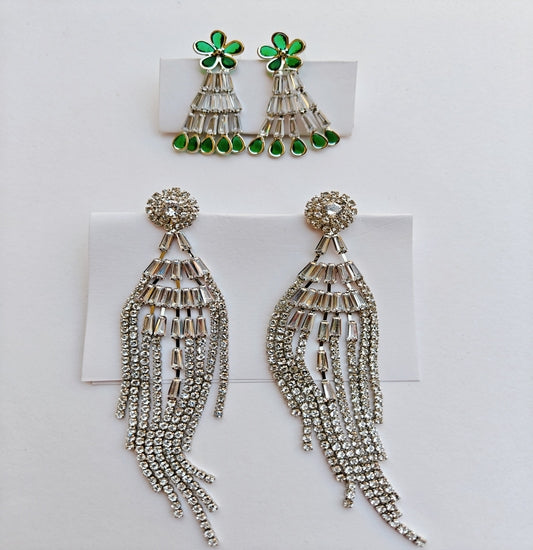 Green Floral Studs + White Fringe Danglers