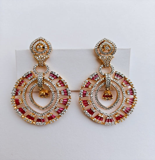 Radiant Oval Elegance – American Diamond & Ruby Drop Earrings