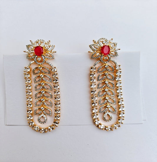 Scarlet Bloom – Red Stone & Diamond Leaf Dangler Earrings