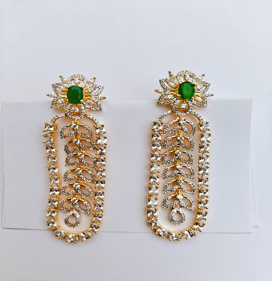 Emerald Bloom – Green Stone & Diamond Vine Dangler Earrings