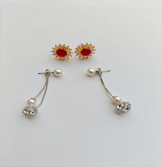 Sunburst Red Studs + Pearl & Diamond Drop Earrings