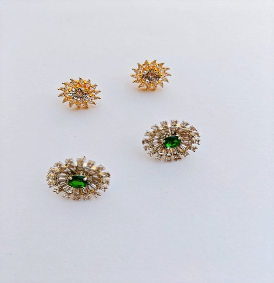 Golden Starbursts + Green Floral Brooch Studs