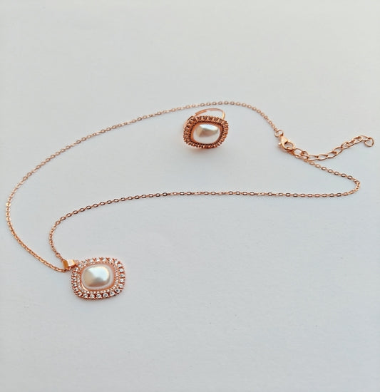 Rose Gold-toned Square Pendant & Ring Set with Pearl Center & Sparkling Halo