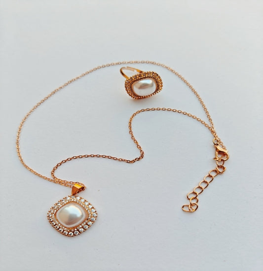 Gold-toned Square Pendant & Ring Set with Pearl Center & Sparkling Halo