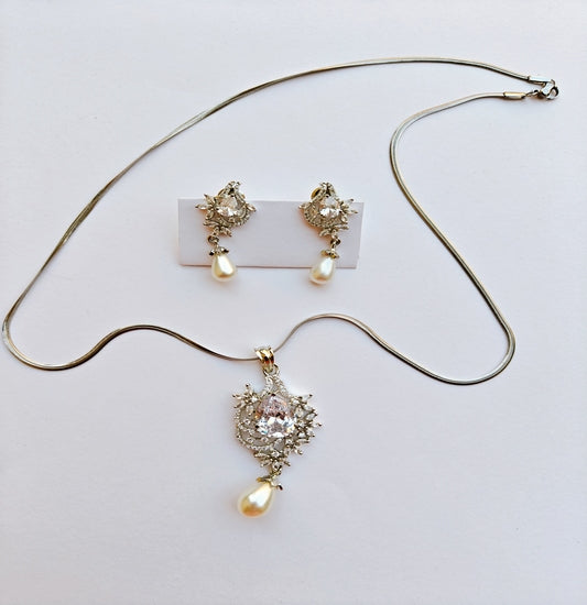Silver-toned Pearl Drop American Diamond Pendant Earrings Set