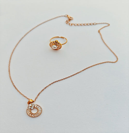 Gold-toned Floral Pendant & Ring Set with Intricate Circular Design