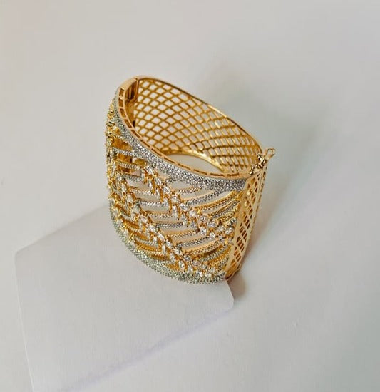 Luxury Mesh Design Wide Gold toned American Diamond Bracelet