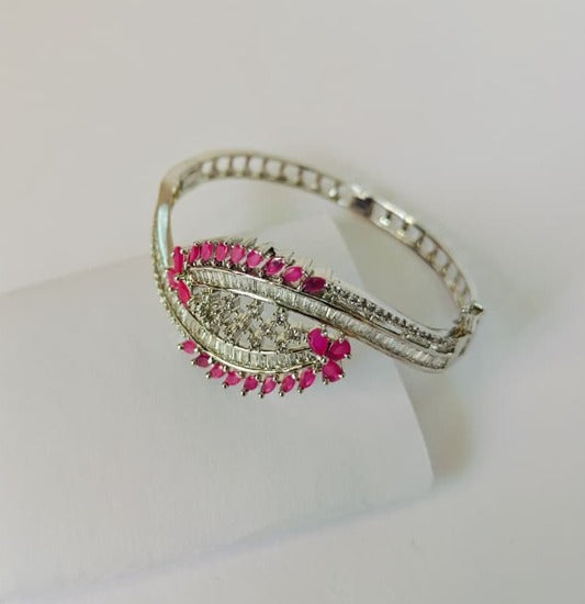 Modern Ethnic Bracelet in Silver tone with Pink & White Stones