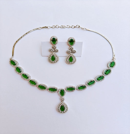 Elegant Green American Diamond Necklace & Earrings Set