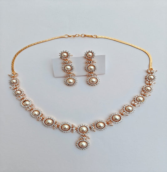 Classic Pearls Gold-toned American Diamond Necklace & Earrings Set