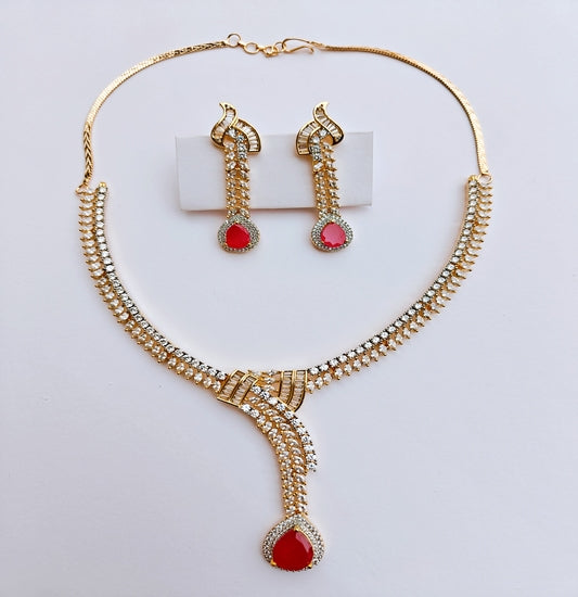 Elegant Gold-toned American Diamond and Ruby Red Stone Necklace & Earrings Set