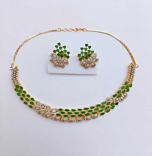 Masterpiece Gold-toned American Diamond Necklace & Earrings Set with Floral leaf Design Green Stones