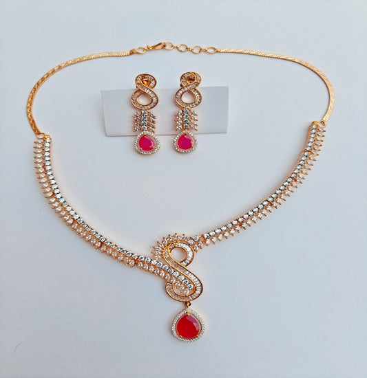 Infinity Style Gold-toned American Diamond Necklace with Red drop & Earrings Set