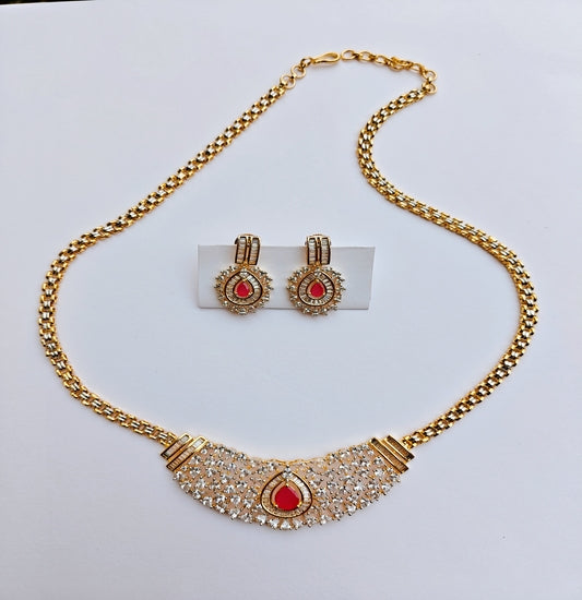 Royal Gold toned Necklace with Red Stone and Matching Stud Earrings