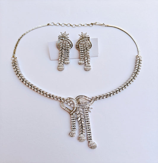Designer Silver-toned American Diamond Necklace & Dangling Earrings Set