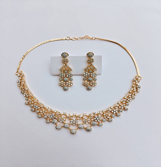 Traditional Floral Gold-toned American Diamond Necklace & Earrings Set