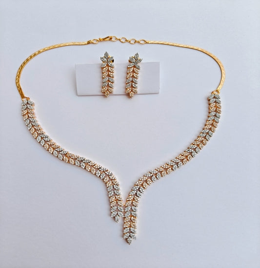 Sparkling V-Shape Gold-toned American Diamond Necklace & Earrings Set
