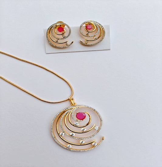 Radiant Ruby Spiral Gold toned American Diamond Pendant & Earrings Set