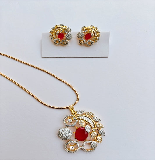 Elegant Gold toned Floral Ruby & American Diamond StuddedPendant and Earrings  Set