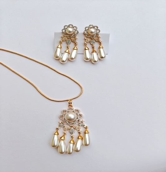 Heritage Gold-toned American Diamond Pearl Drop Pendant & Earrings Set