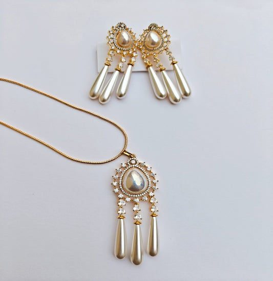 Traditional Gold-toned American Diamond Pearl Pendant & Earrings Set