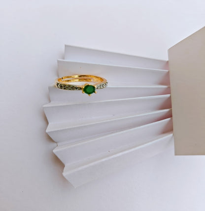 Elegant Gold-toned American Diamond Ring with Emerald Green Gemstone as Centerpiece