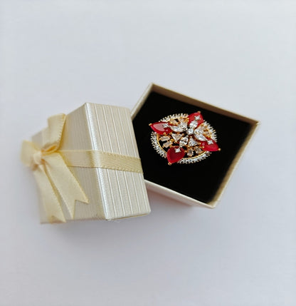 Crimson Bloom Gold-toned American Diamond Statement Ring