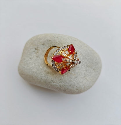 Crimson Bloom Gold-toned American Diamond Statement Ring