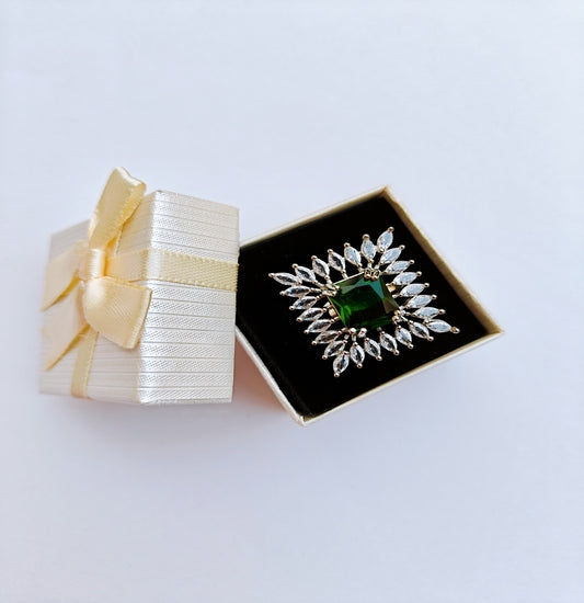 Silver-toned American Diamond Ring with a Square cut Green Stone in the center