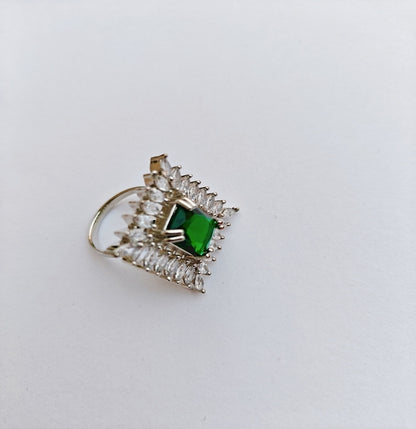 Silver-toned American Diamond Ring with a Square cut Green Stone in the center