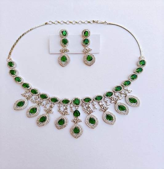 Elegant Green Stone Silver-toned Necklace & Earrings Set