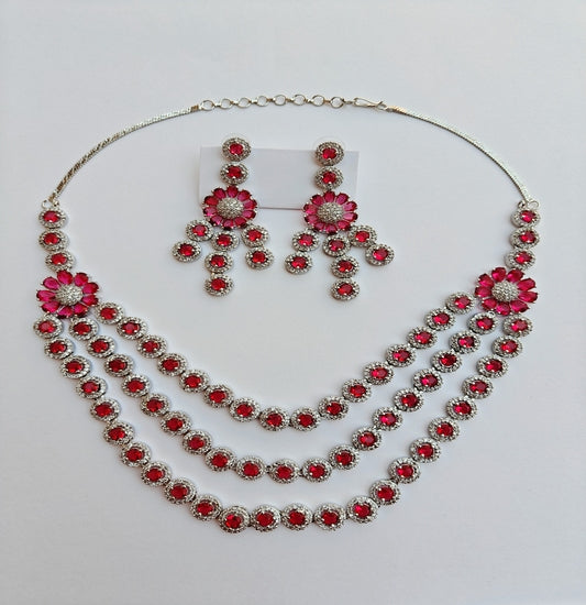 Elegant Floral Pattern Pink Stone & Silver-toned American Diamond Necklace & Earrings Set
