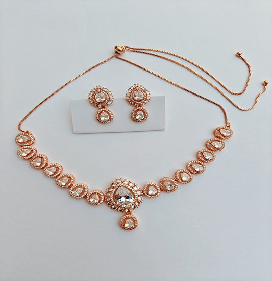 Rose Gold-toned American Diamond Necklace Set with Teardrop Pendant & Earrings Set