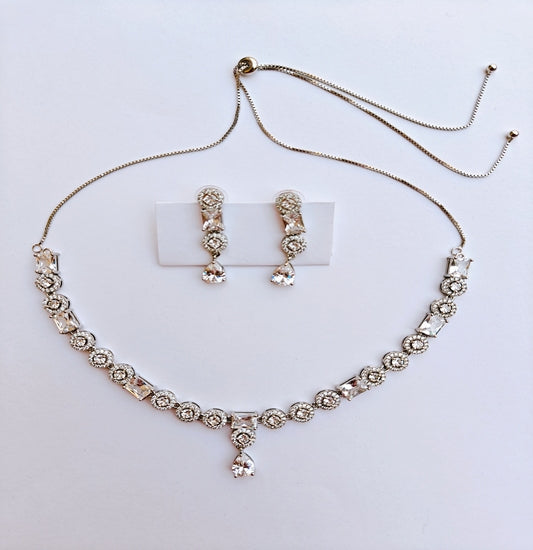 Silver-toned American Diamond Necklace with Teardrop Pendant & Earrings Set