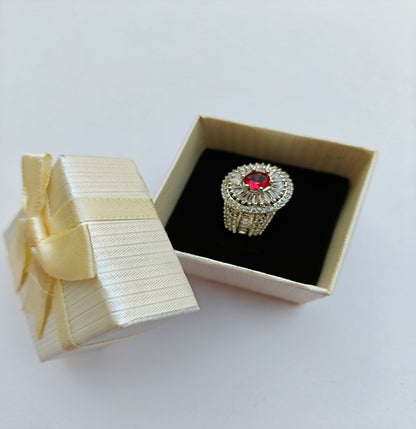 Majestic Silver-toned American Diamond Ring with Red stone in center