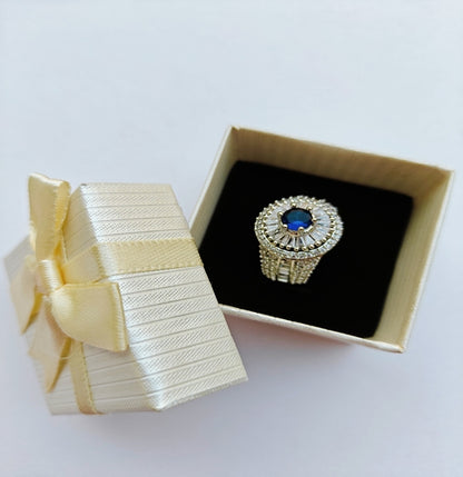 Majestic Silver-toned American Diamond Ring with Blue stone in center
