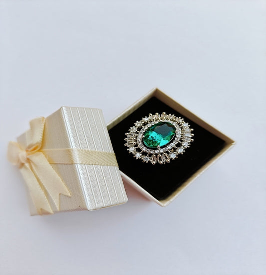 American Diamond Silver toned Ring with a prominent Green Oval Gemstone