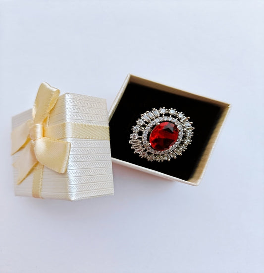 American Diamond Silver toned Ring with a prominent Red Oval Gemstone